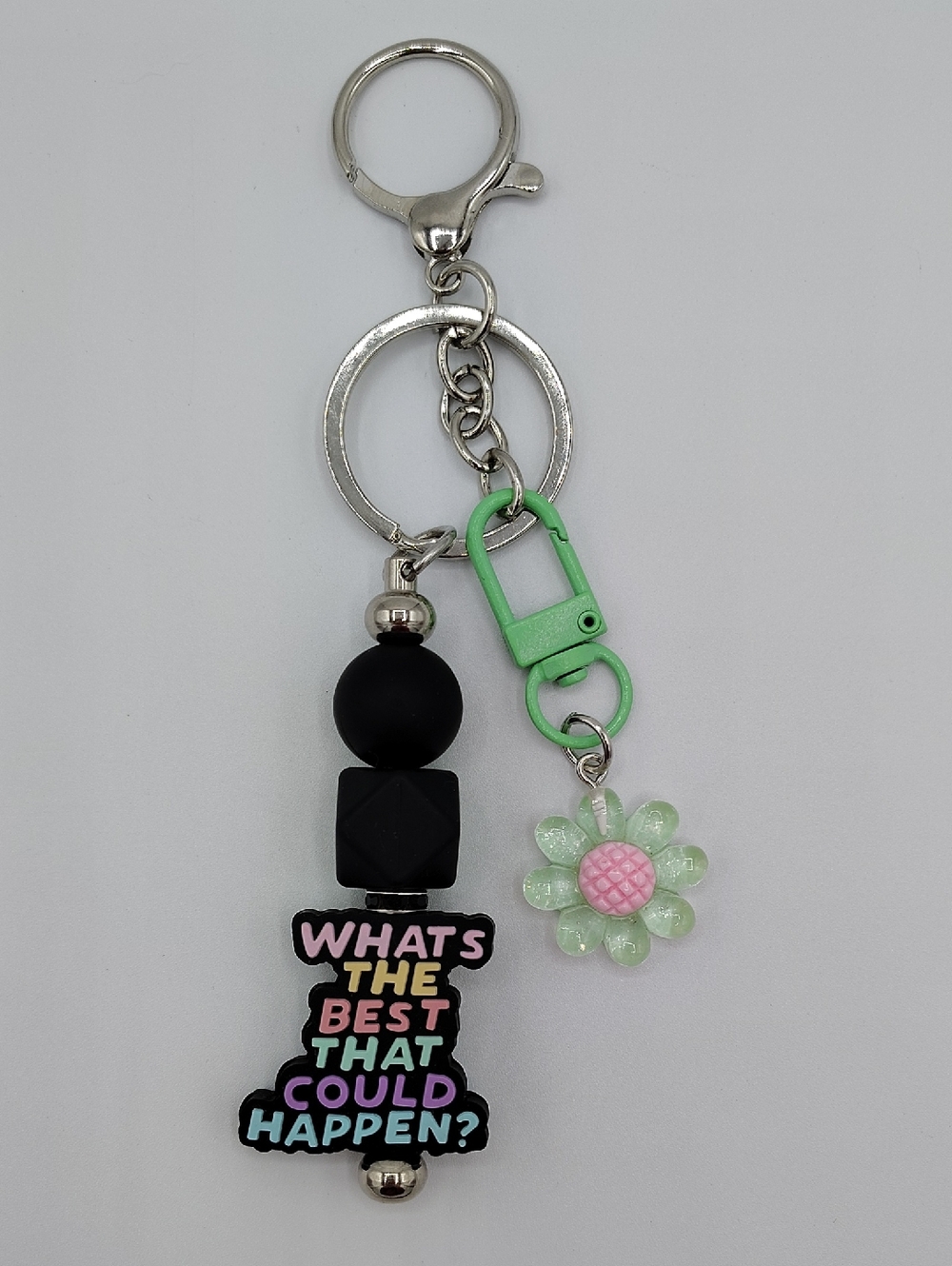 Handcrafted Inspirational Keychain/Bag Charm w/ Pastel Flower Charm - Black/Mint
